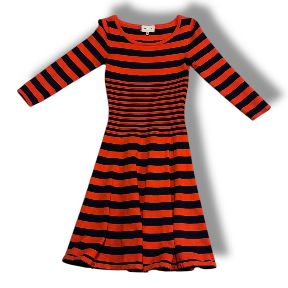 Milly Striped Fit Flare Knit Dress SZ P (0-2) Red Orange Navy 3/4 Sleeve Holiday